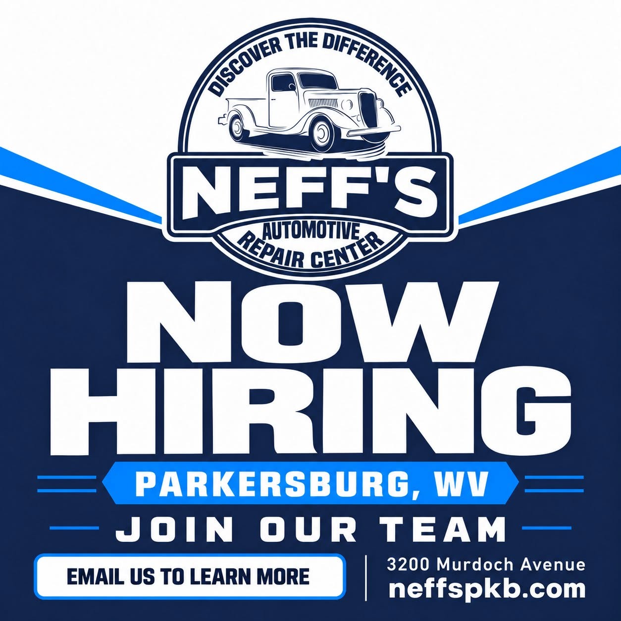Now Hiring — Neff's Automotive Repair Center, Parkersburg, WV. Join our team. 3200 Murdoch Avenue.